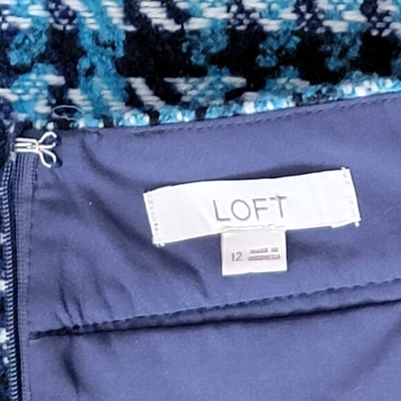 LOFT Teal Navy White Boucle A-line Mini Skirt Silver Tone Zipper Pockets - 12 - Picture 13 of 13